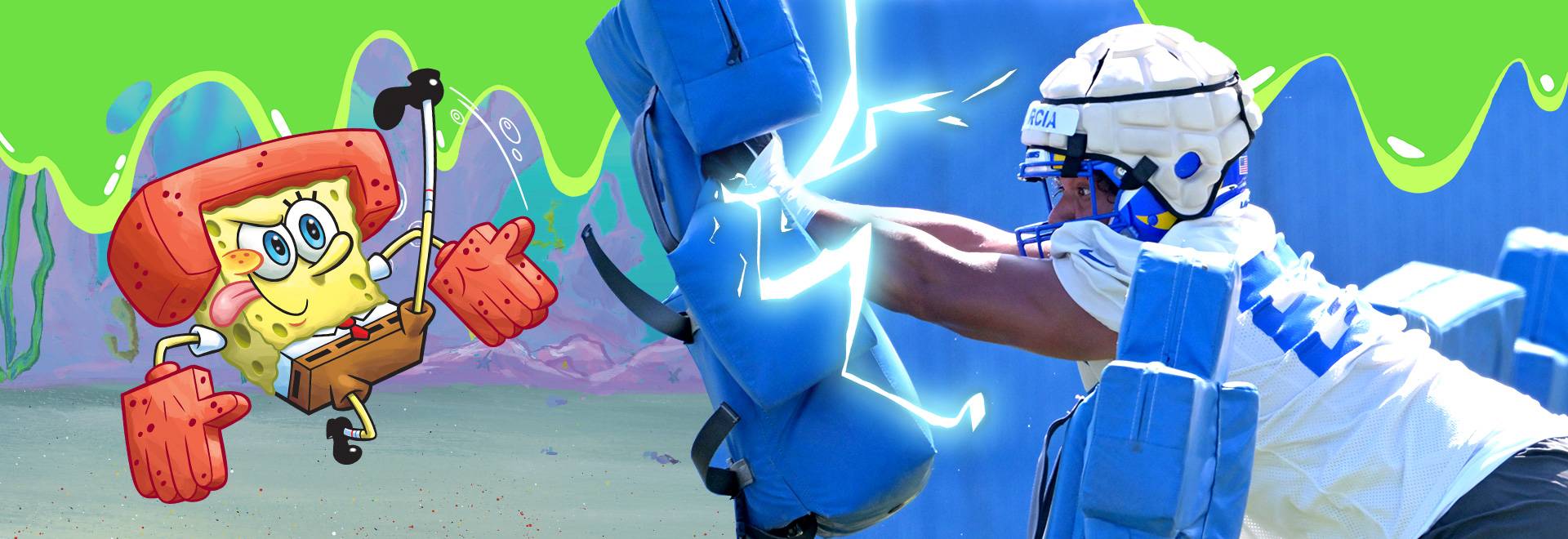 SpongeBob Squarepants in his red karate helmet and gloves, alongside Los Angeles Rams defensive tackle Aaron Donald hitting a padded sled while wearing a new Guardian Cap.