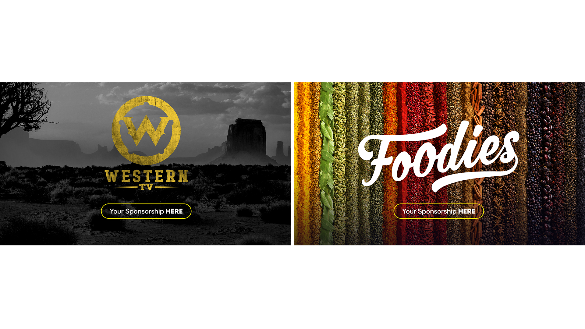 Screenshots indicating Pluto TV Spotlight and Foodies channels, with room for sponsorships available beneath each logo.