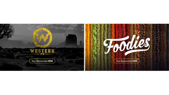 Screenshots indicating Pluto TV Spotlight and Foodies channels, with room for sponsorships available beneath each logo.