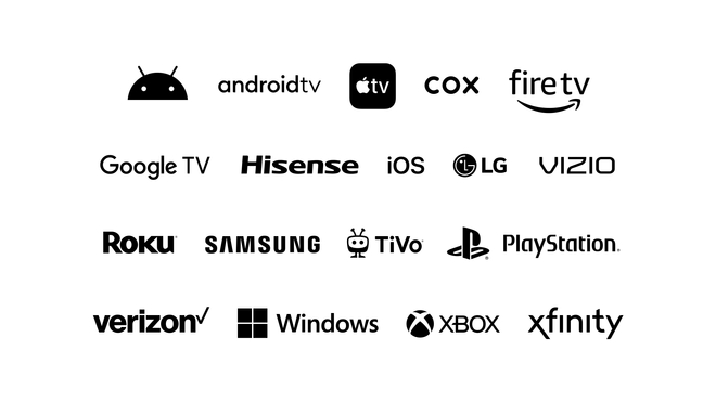 Several logos of devices indicating Pluto TV’s high platform availability: Android mobile, Android TV, Apple TV, Cox, Fire TV, Google TV, Hisense, iOS, LG, Vizio, Roku, Samsung, TiVo, PlayStation, Verizon, Windows, Xbox, and Xfinity.