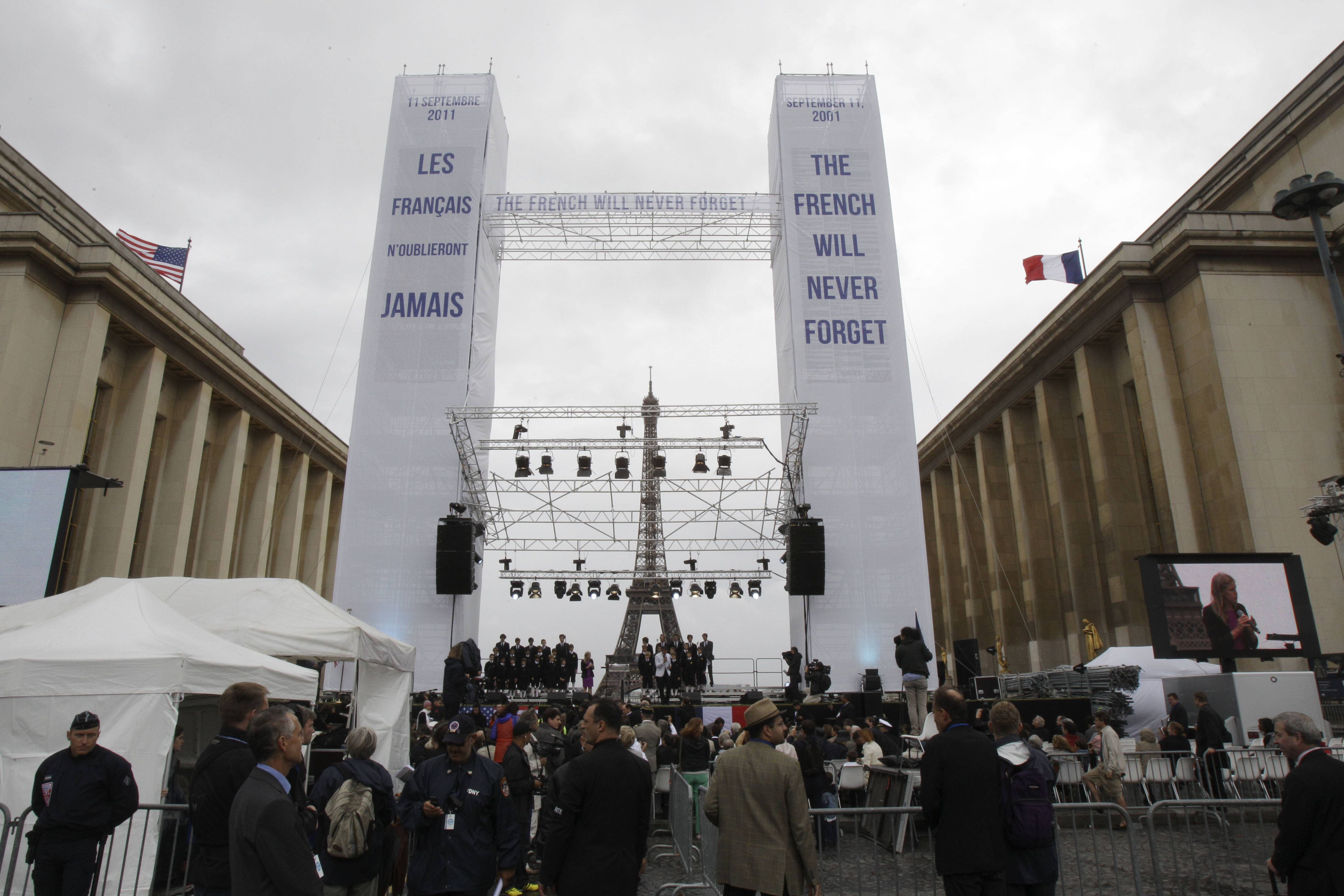 France - Model twin towers representing the towers of the World Trade Center are seen on stage during a commemoration to mark the 10th anniversary of the Sept. 11 attacks on the United States, at the Trocadero plaza near the Eiffel tower in Paris.(Photo: AP Photo/Thibault Camus )