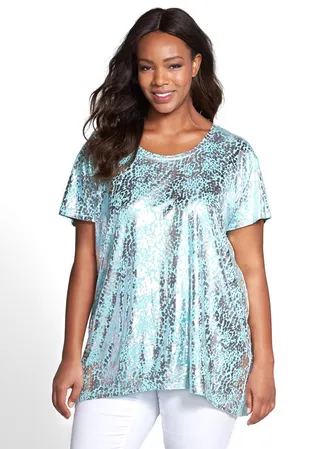 Sejour Print High/Low Tee ($32) - Fun metallic patterning and a floaty hem upgrade this chill baby blue T-shirt to party material. Keep in mind to order one size down because it runs large.(Photo: Nordstrom)