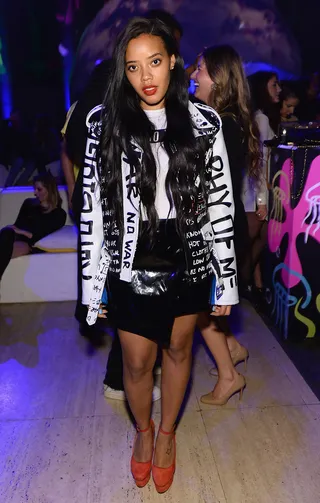 Statement Piece - Angela Simmons&nbsp;rocks a Ron Bass leather motorcycle jacket at&nbsp;Pharrell's 41st birthday party at Bikini Bottom at Cipriani Wall Street in New York City. (Photo: Dimitrios Kambouris/Getty Images for Nickelodeon)