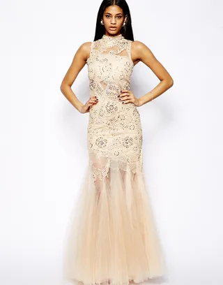 Forever Unique Kassidy Lace Gown - Bring the drama in this jewel-embellished lace design. The high neckline and flared netted skirt make for a standout silhouette.   (Photo: Courtesy of Forever Unique)