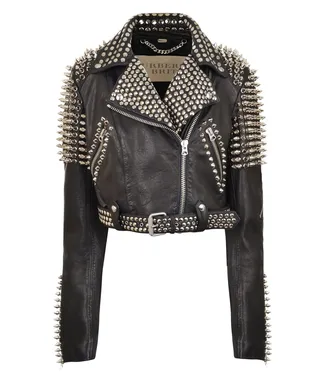 Burberry Multi-Stud Cropped Leather Biker Jacket - Channel your inner rock star with Burberry’s ever-so-popular embellished biker. Studded boots and mirrored aviators are a must when wearing this cool topper.   (Photo: Burberry)