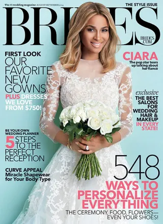 Ciara&nbsp;on Brides - New mom Ciara embodies&nbsp;the glowing bride-to-be in a long-sleeved Chantilly lace gown by Reem Acra on the cover. Inside, she gives us a sneak peek into what she has planned for her upcoming nuptials with fiancé Future.&nbsp;  (Photo: Brides Magazine, August 2014)