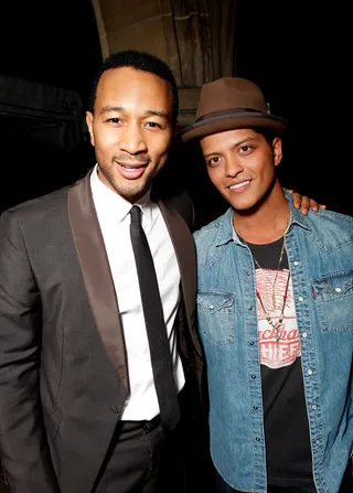 Blues Brothers - John Legend and Bruno Mars smile for the cameras at&nbsp; the Warner Music Group Grammy Celebration hosted by InStyle at Chateau Marmont in Hollywood. Wonder if these two will ever collaborate? (Photo: Todd Williamson/Getty Images)