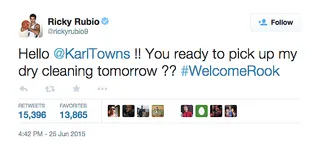 Ricky Rubio @rickyrubio - Minnesota Timberwolves point guard Ricky Rubio is treating No. 1 pick Karl-Anthony Towns like a rookie already.&nbsp;(Photo: Ricky Rubio via Twitter)