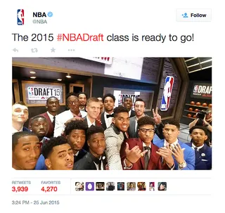 The 2015 NBA Draft Garnered Plenty of Social Media Reaction - This selfie-stick shot of many of the 2015 NBA Draft first-round picks, just goes to show how powerfully social media reacted to the league's draft on Thursday night. Here's the best Twitter reaction we could find about draft night. Let's just say, there were winners...and then there were&nbsp;New York Knicks' fans. —&nbsp;By Mark Lelinwalla