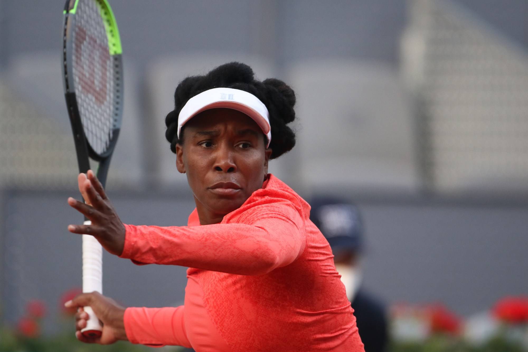 Venus Williams of Unitesd States in action during his Women's Singles match against Jennifer Brady of United States on day two of the WTA 1000 - Mutua Madrid Open 2021 at La Caja Magica on April 30, 2021 in Madrid, Spain