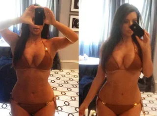 Pose and Snap - Instagram has become a popular way for the reality TV star to show us she's loving her "#nofilter #nophotoshop" body. Here she poses in front of the mirror in another string bikini with gold details.(Photo: Instagram)