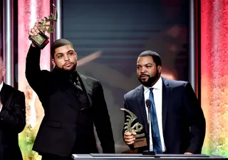 History Is Made - Actor O'Shea Jackson Jr. and rapper Ice Cube accept the ABFF Film of the Year Award for 'Straight Outta Compton' after being snubbed at the Oscars. This is the realest clapback moment! (Photo: Alberto Rodriguez/BET/Getty Images for BET)