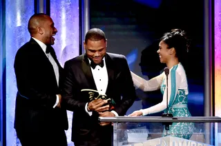 What An Honor - Writer-producer Kenya Barris and actor Anthony Anderson humbly accept their award. (Photo: Alberto Rodriguez/BET/Getty Images for BET)