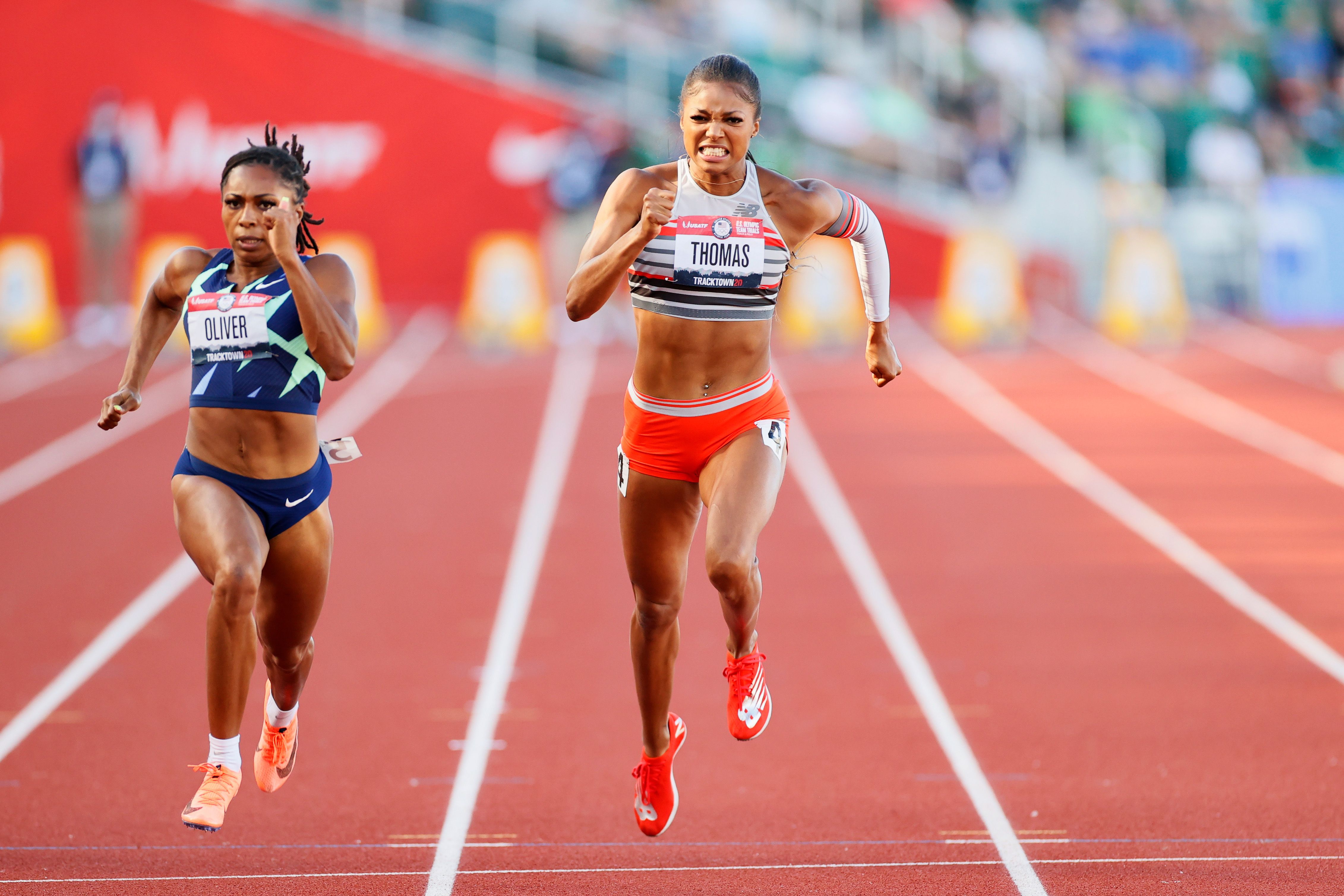 EUGENE, OREGON - JUNE 19: Gabby Thomas competes in the Women's 100 Meter Semi-finals on day 2 of the 2020 U.S. Olympic Track & Field Team Trials at Hayward Field on June 19, 2021 in Eugene, Oregon. (Photo by Steph Chambers/Getty Images)