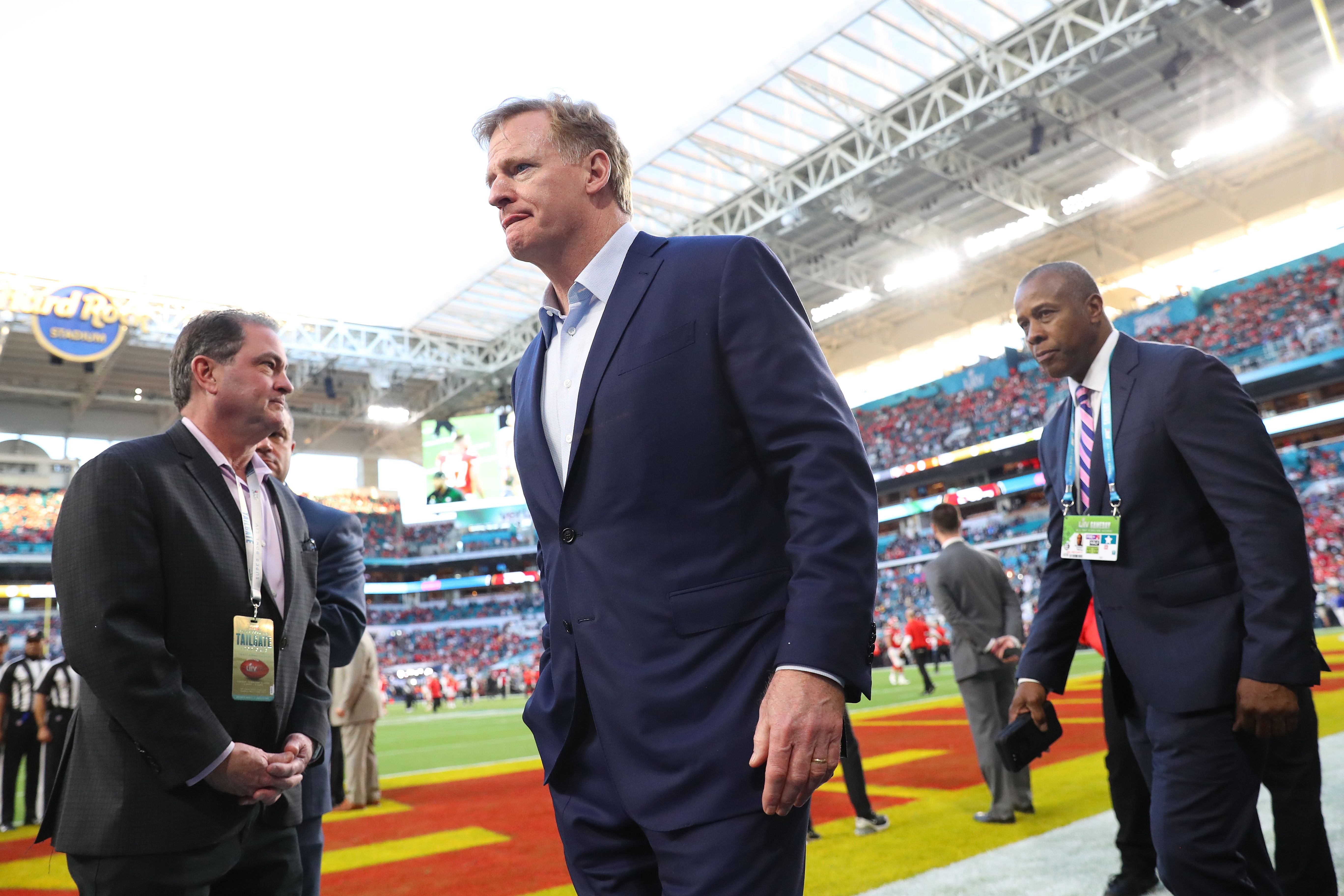 MIAMI, FLORIDA - FEBRUARY 02: NFL Commissioner Roger Goodell looks on prior to Super Bowl LIV between the San Francisco 49ers and the Kansas City Chiefs at Hard Rock Stadium on February 02, 2020 in Miami, Florida. (Photo by Maddie Meyer/Getty Images)