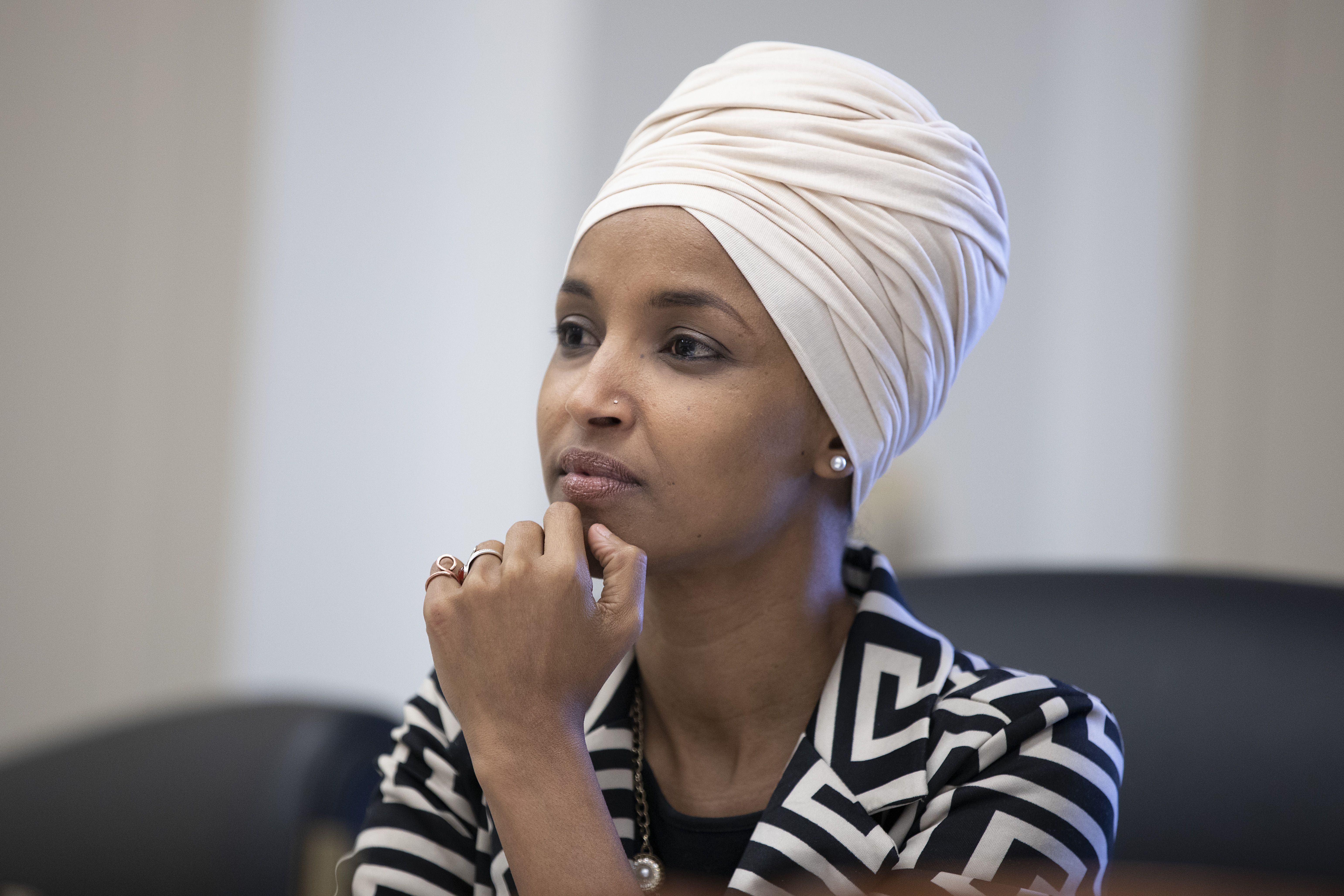 WASHINGTON, DC - FEBRUARY 12: Rep. Ilhan Omar (D-MN) attends the Pathway To Peace Policy panel on February 12, 2020 at the U.S. Capitol in Washington, DC. The "Pathway to Peace" initiative, launched by Rep. Omar, would stress a multilateral and diplomatic approach over military action. (Photo by Tasos Katopodis/Getty Images)