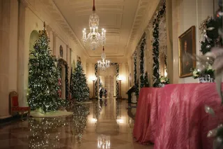 Cross Hall - Holiday decorations and Christmas trees adorn Cross Hall at the White House.  (Photo: Alex Wong/Getty Images)