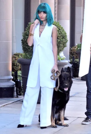 Aqua Girl - Blue haired Nicole Richie poses during a photo shoot with her dog in Beverly Hills.(Photo: FameFlynet, Inc)