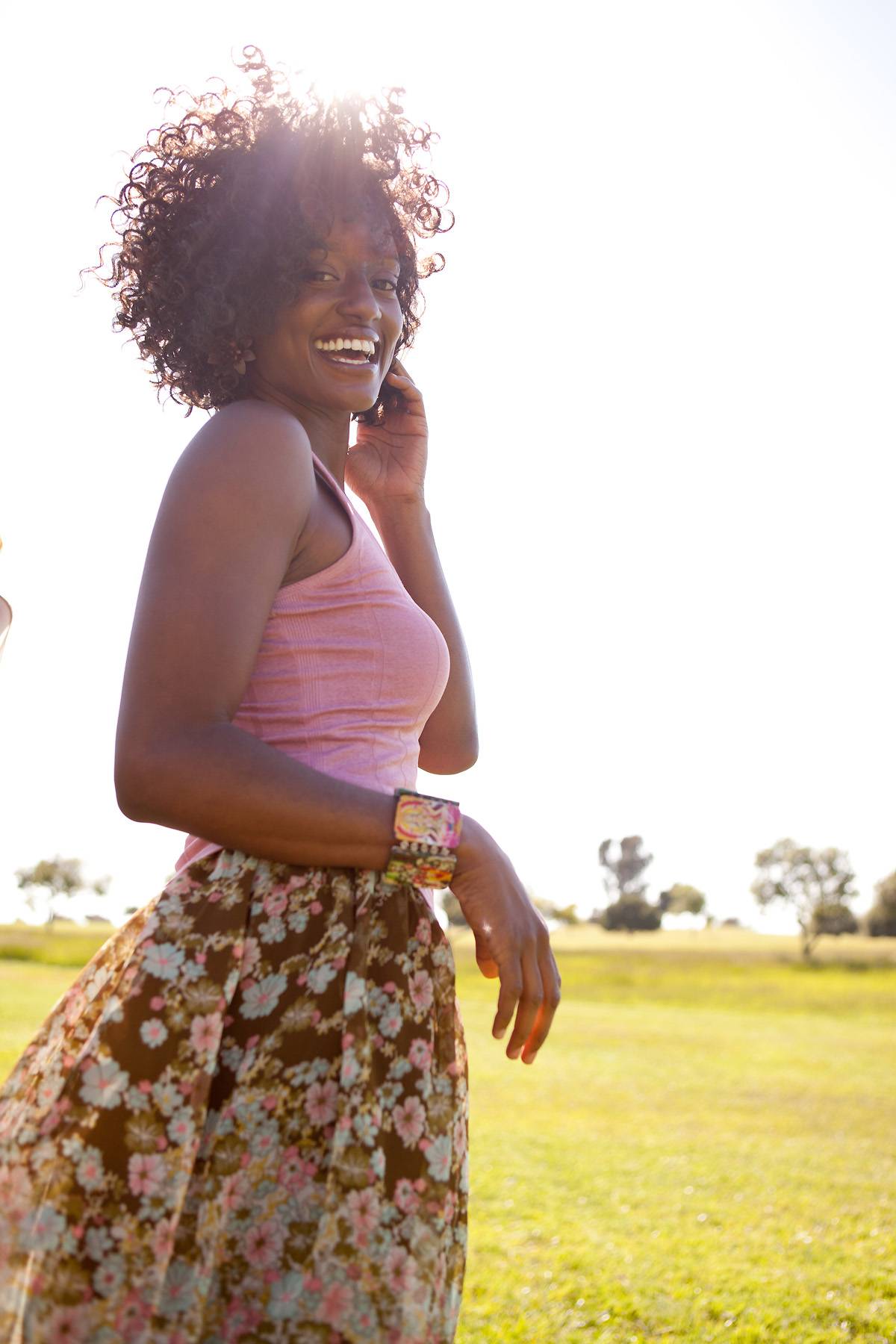 happy woman outside, sunny day