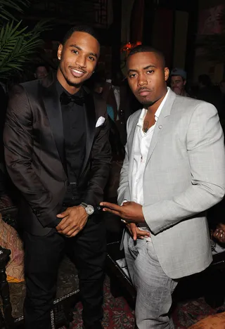 The Best of Both Worlds - R&amp;B crooner Trey Songz and hip hop veteran Nas look quite dapper and handsome in their black and gray ensembles at the "GQ&nbsp;and John Slattery Celebrate the Launch of the April 2012 Issue" at the Jane Hotel in New York City. (Photo: Dimitrios Kambouris/Getty Images)