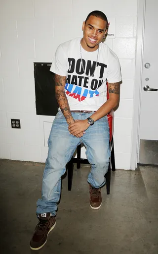 Soap Box - Breezy will gladly use his fashion picks to make a statement. He wore this "Don't Hate on Haiti" tee right before performing at BET's SOS Saving Ourselves: Help for Haiti Benefit Concert and Telethon in 2010.   (Photo: Jeff Daly / WENN.com)