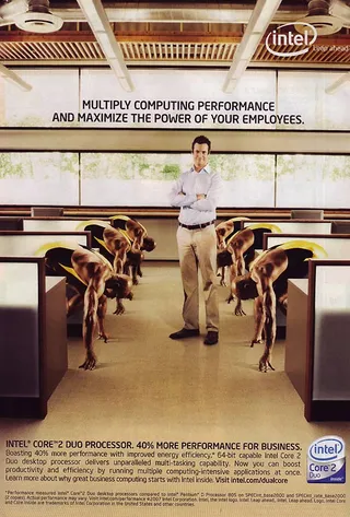 Bow Down? - Was it a modern day slave owner exerting his authority over his &quot;property&quot;? Some folks were skeptical of this 2007 Intel Core Duo 2 ad featuring a white male standing over a group of men with dark complexions as they crouched with heads bowed.&nbsp;(Photo: Intel)