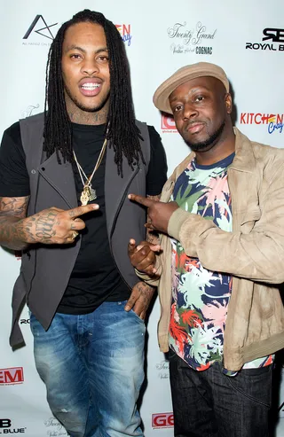 Waka and Clef - Waka Flocka Flame poses with Wyclef Jean at the April Showers&nbsp;mixtape listening at the Trump SoHo hotel in New York City. (Photo: Mike Pont/Getty Images)