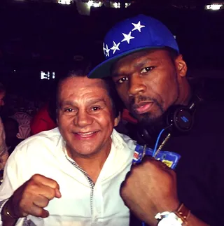 50 Cent @50cent - 50 Cent takes a close up with retired boxing legend Roberto Duran. 50 has a side venture in the sport with his boxing promoting company SMS Promotions.&nbsp;(Photo: 50 Cent via Instagram)