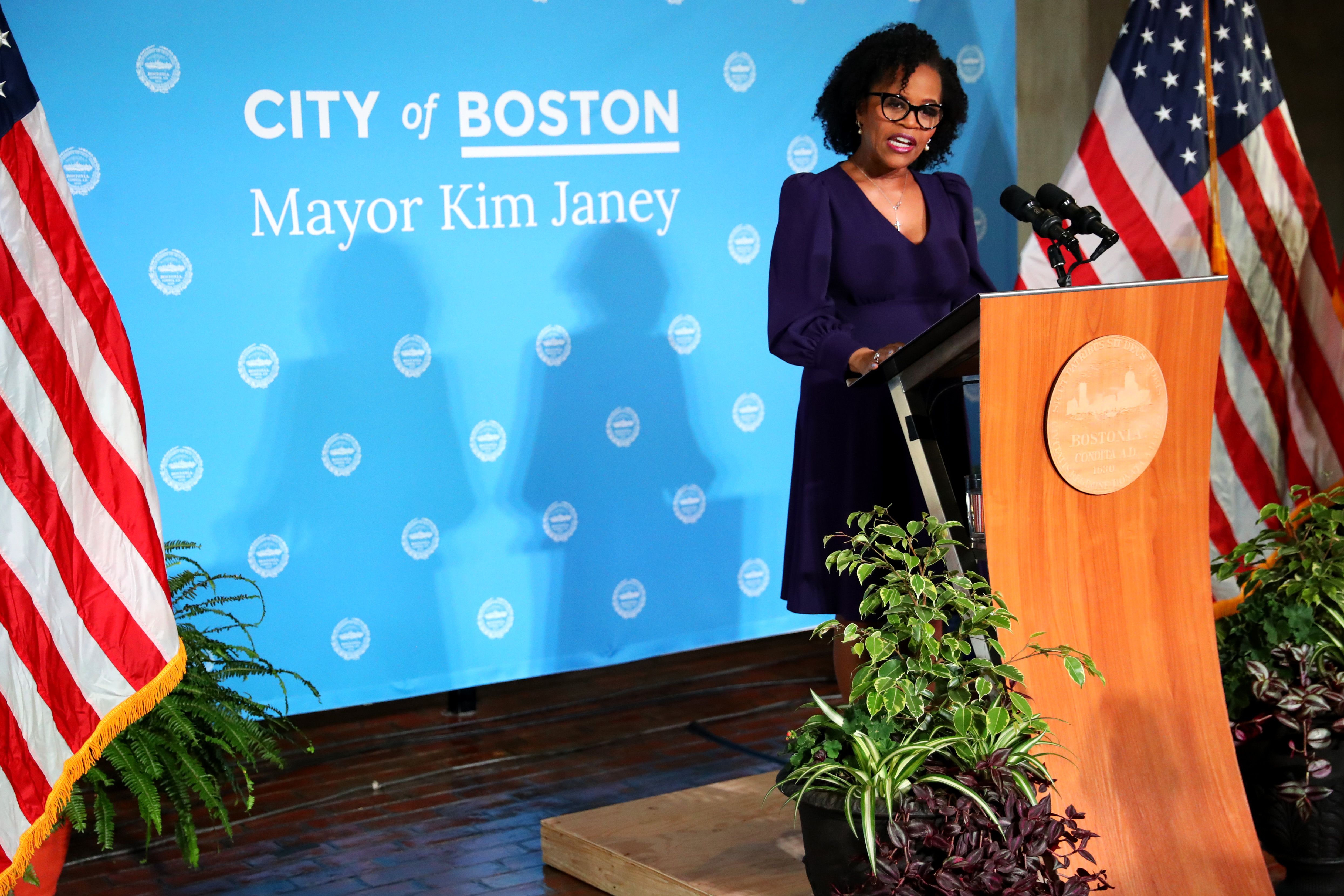 BOSTON, MASSACHUSETTS - MARCH 24: Mayor Kim Janey delivers her inaugural address after being sworn in as the Mayor of Boston at City Hall on March 24, 2021 in Boston, Massachusetts. She is the first woman, and first Black mayor of the city. (Photo by Maddie Meyer/Getty Images)