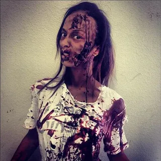 Draya Michele - Celebrities take a break from their everyday lippies and highlighters to sport some pretty scary #beat faces for Halloween. Get inspired! By Jazmine A. Ortiz  The usually flawless reality star and Mint Swim mogul got zombie-fied for some Halloween fun. Her makeup is so spot-on that she could easily blend in as an extra on The Walking Dead.  (Photo: Draya Michele via Instagram)