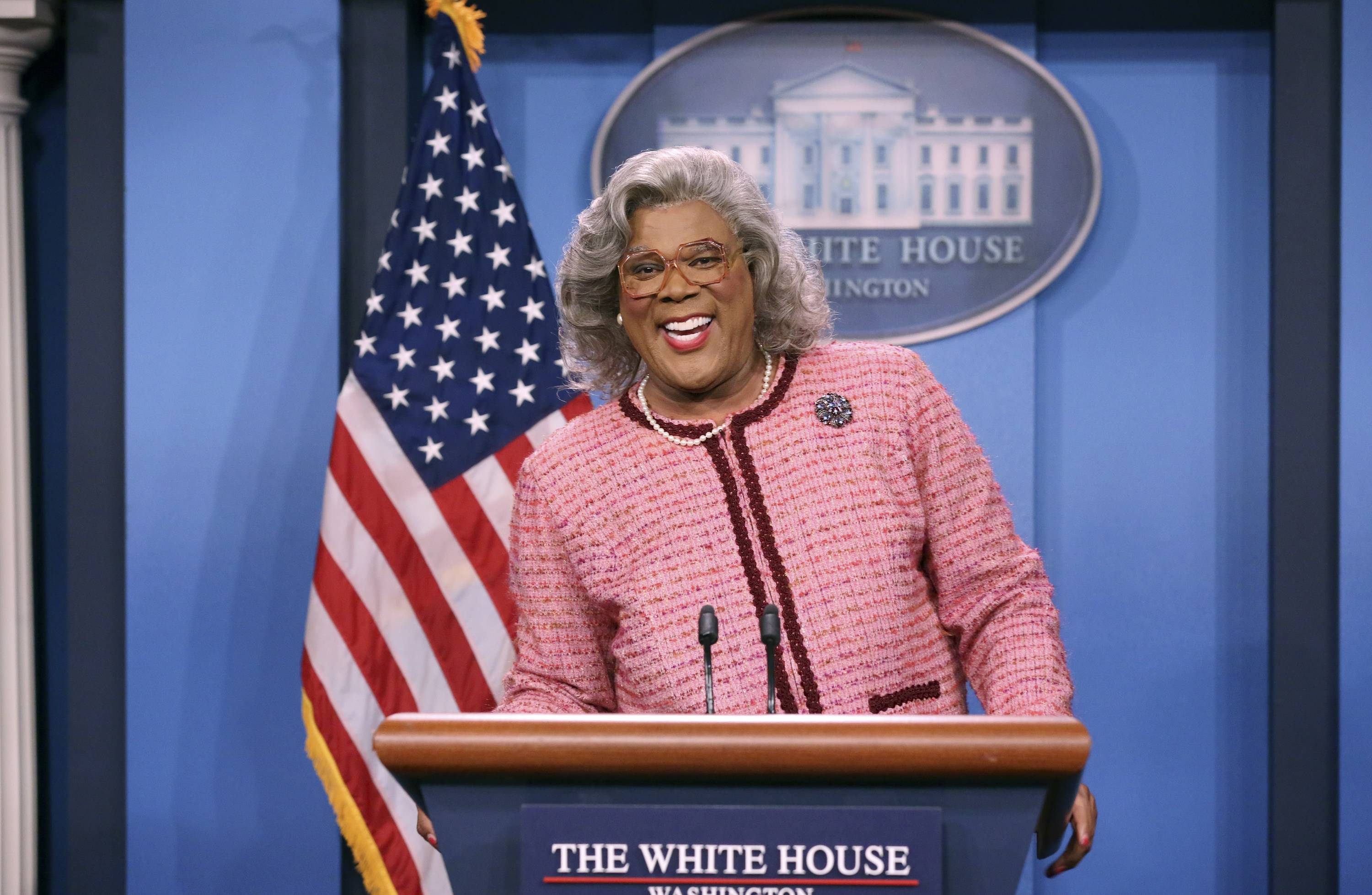 THE TONIGHT SHOW STARRING JIMMY FALLON -- Episode 0754 -- Pictured: Tyler Perry as Madea during "Madea Press Conference" on October 9, 2017 -- (Photo by: Andrew Lipovsky/NBC/NBCU Photo Bank)