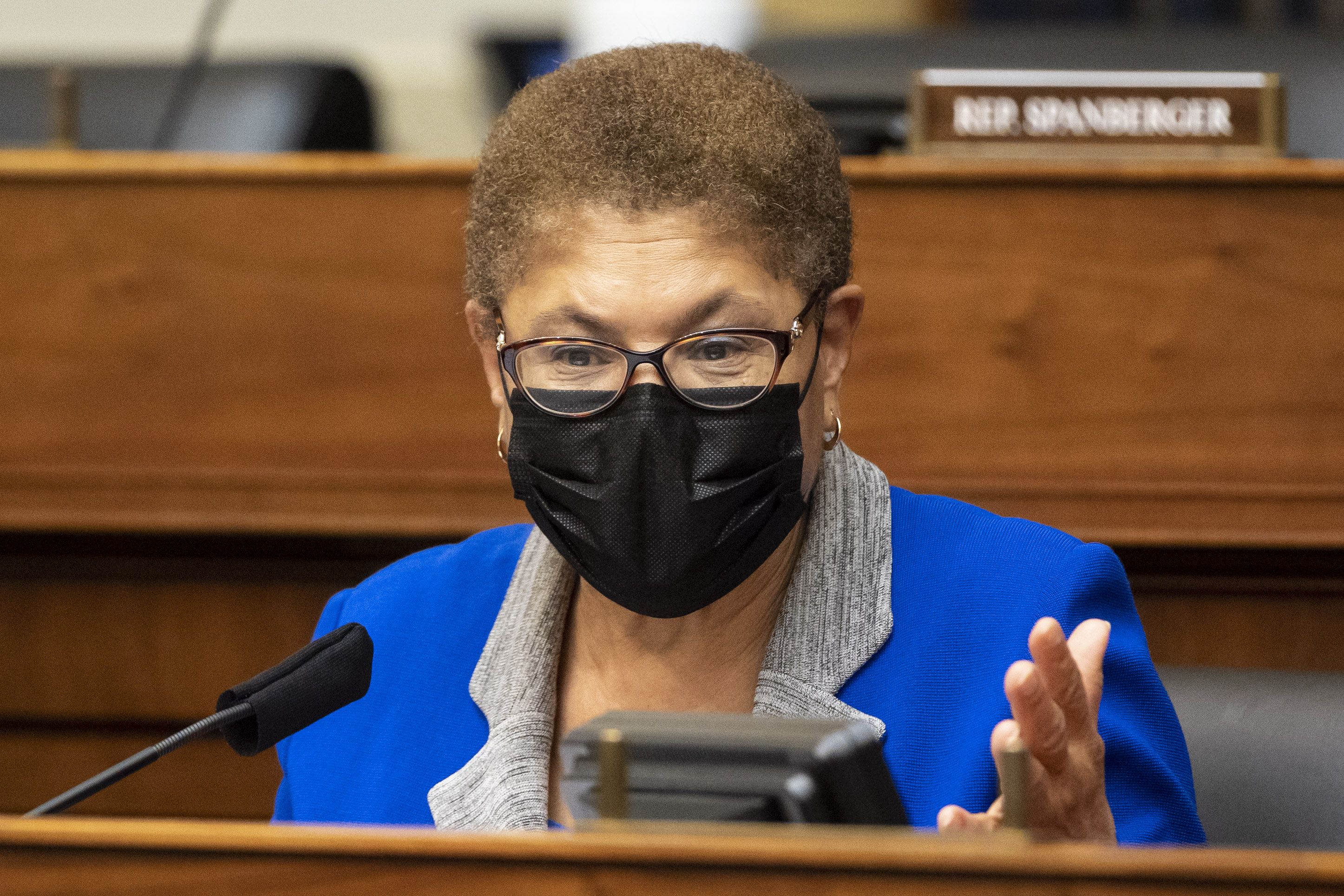 Representative Karen Bass, a Democrat from California, speaks during a hearing in Washington, D.C., U.S., on Wednesday, March 10, 2021. The Biden administration is considering withdrawing all troops from Afghanistan by May 1 as it leans on President Ashraf Ghani to accelerate peace talks with the Taliban, including by supporting a proposal for six-nation discussions that include Iran. Photographer: Ting Shen/Bloomberg