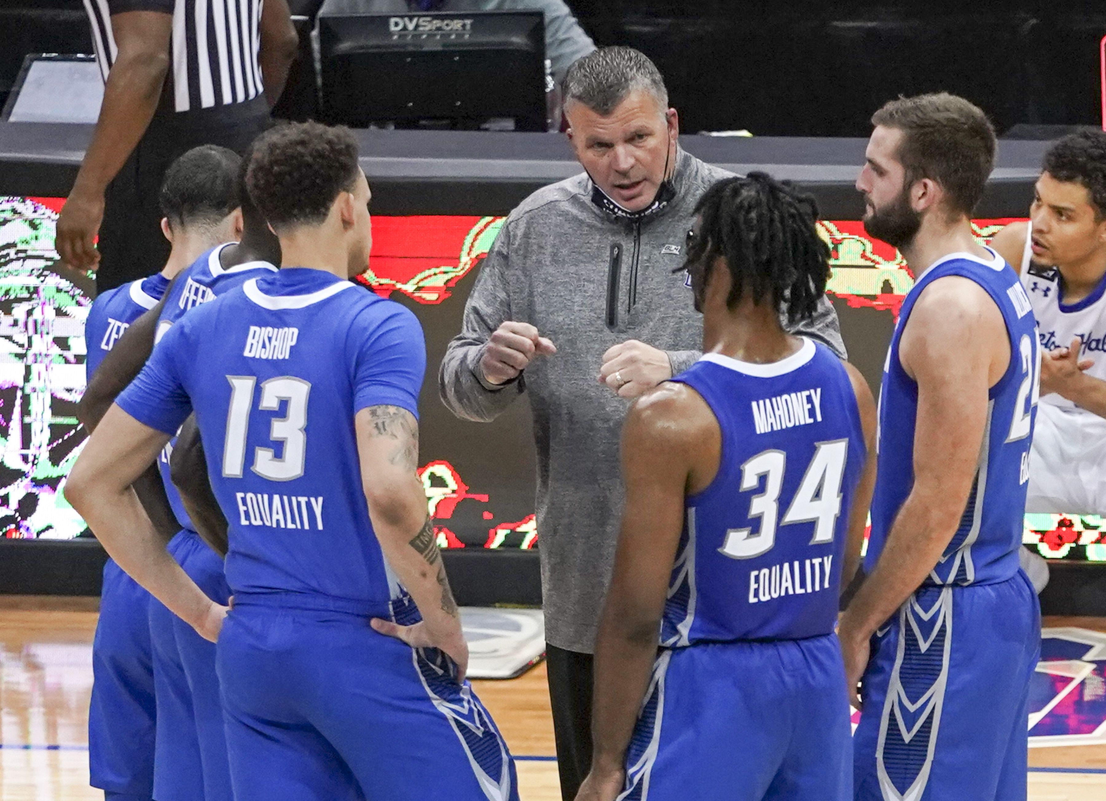 NEWARK, NJ - JANUARY 27:  Head coach Greg McDermott of the Creighton Bluejays talks with his team during the game against the Seton Hall Pirates at Prudential Center on January 27, 2021 in Newark, NJ. (Photo by Porter Binks/Getty Images)