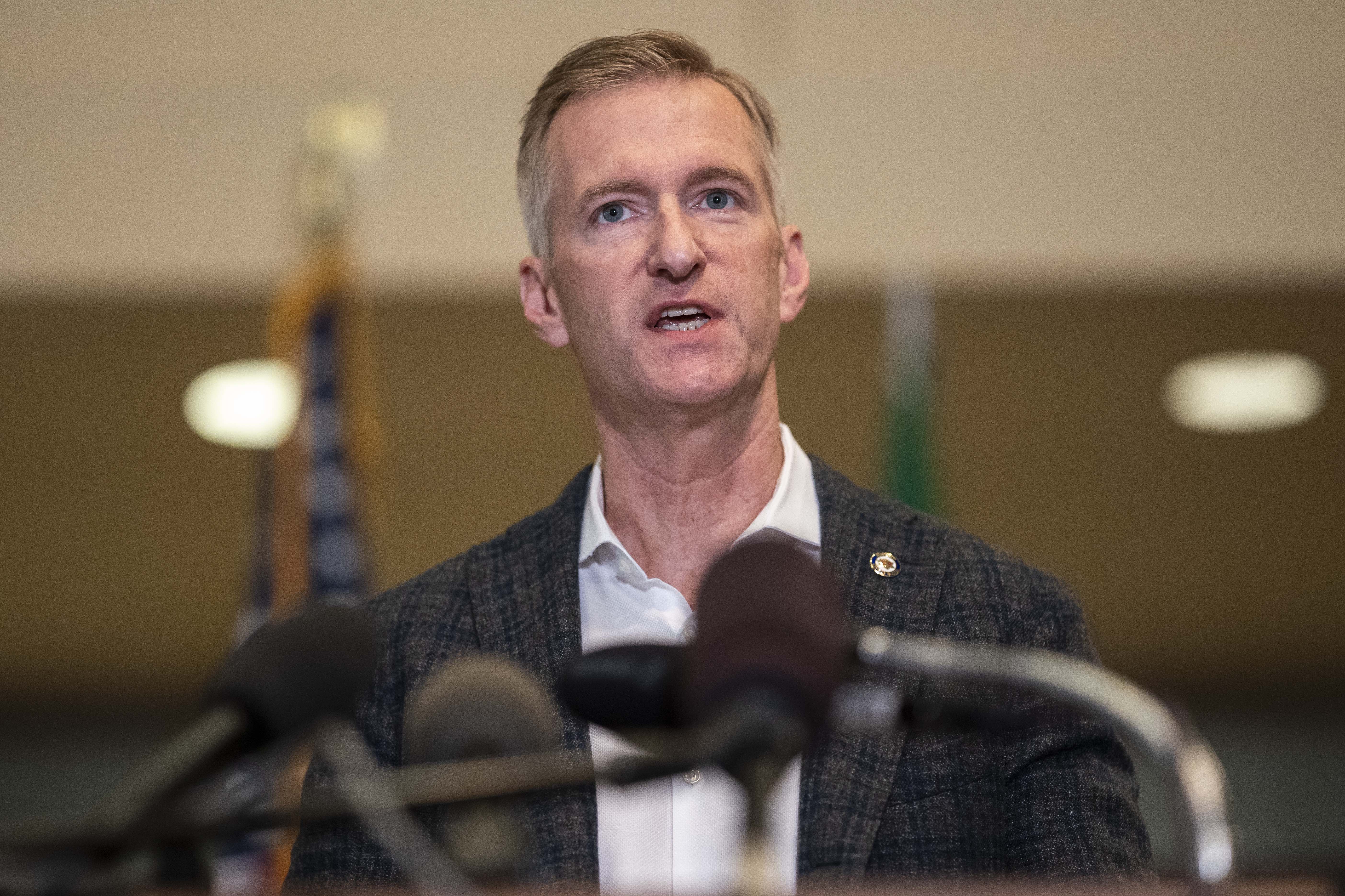 PORTLAND, OR - AUGUST 30: Portland Mayor Ted Wheeler speaks to the media at City Hall on August 30, 2020 in Portland, Oregon. A man was fatally shot Saturday night as a Pro-Trump rally clashed with Black Lives Matter protesters in downtown Portland. (Photo by Nathan Howard/Getty Images)