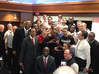 Bill Clinton Is a Louisville Fan - Former President Bill Clinton helped the Louisville Cardinals celebrate their 74-55 win over Villanova Thursday and advancement to the Big East tournament semifinals Thursday when he crashed their locker room party. Clinton is a longtime fan and friend of coach Rick Pitino. (Photo: Matt Norlander/Twitter)