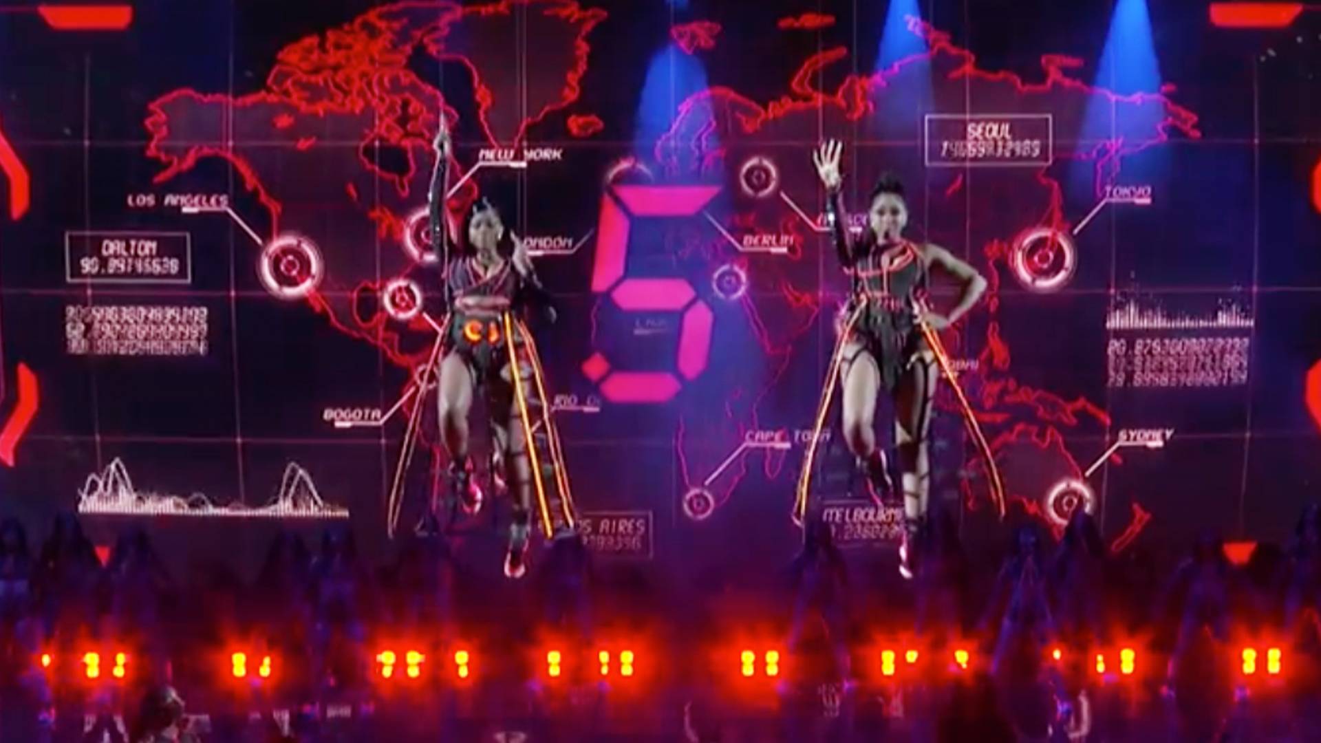 Rap duo City Girls lights up the stage while performing their single "Twerkulator" at the BET Awards 2021.