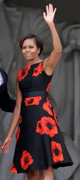 Michelle Obama - Michelle Obama steps out for the March on Washington anniversary celebration in a pretty printed dress from Tracy Reese’s fall collection—and she looks glorious!  (Photo: Alex Wong/Getty Images)