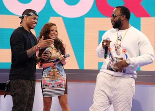 Welcome - Tristan Wilds and Keshia Chante welcome artist Rico Love to 106. (Photo: Bennett Raglin/BET/Getty Images for BET)