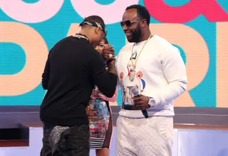 Mutual Respect - Tristan Wilds and Rico Love exchange greetings on 106. (Photo: Bennett Raglin/BET/Getty Images for BET)