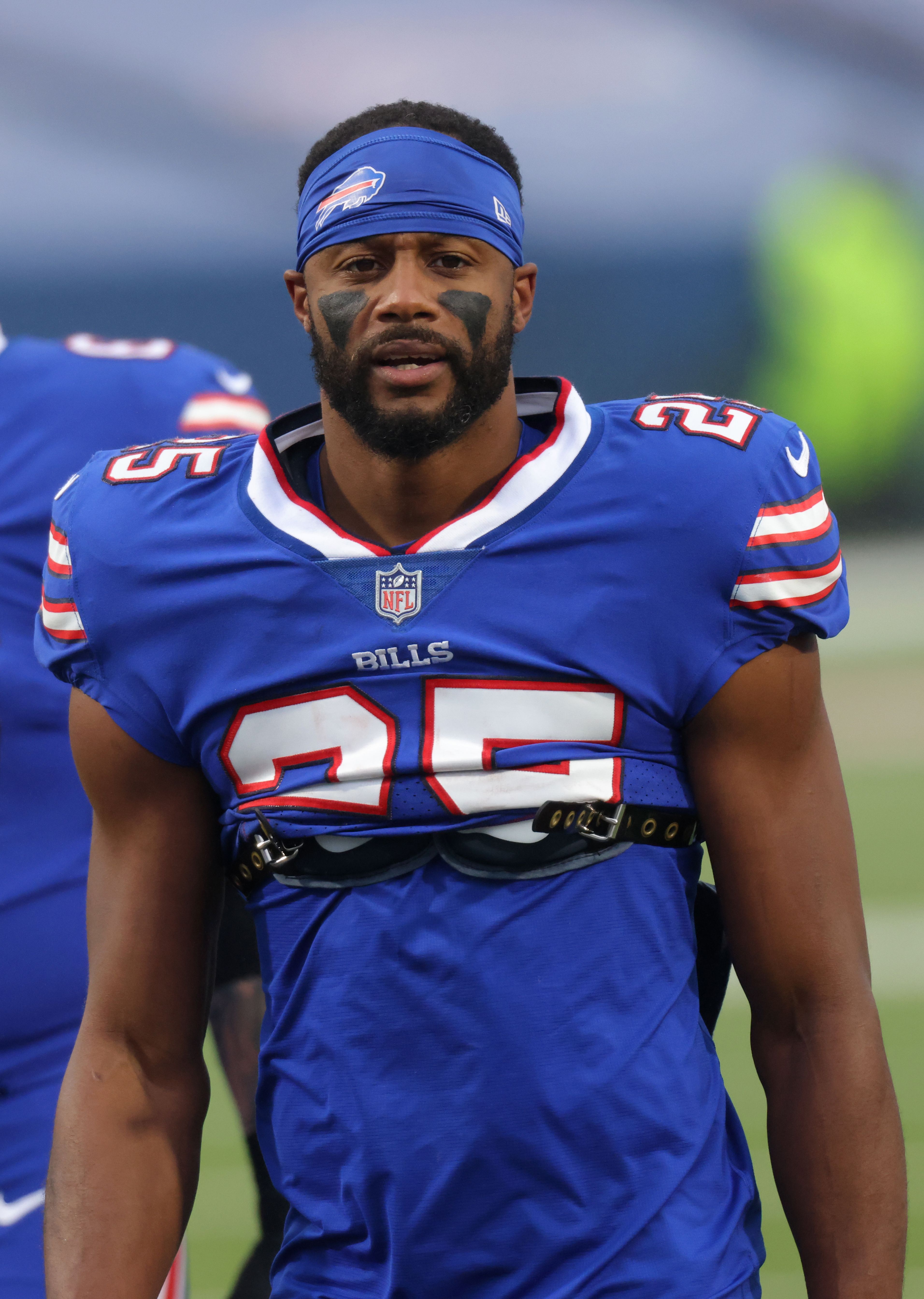 ORCHARD PARK, NY - OCTOBER 19: Taiwan Jones #25 of the Buffalo Bills walks off the field after warmups before a game against the Kansas City Chiefs at Bills Stadium on October 19, 2020 in Orchard Park, New York. Kansas City beats Buffalo 26 to 17. (Photo by Timothy T Ludwig/Getty Images)
