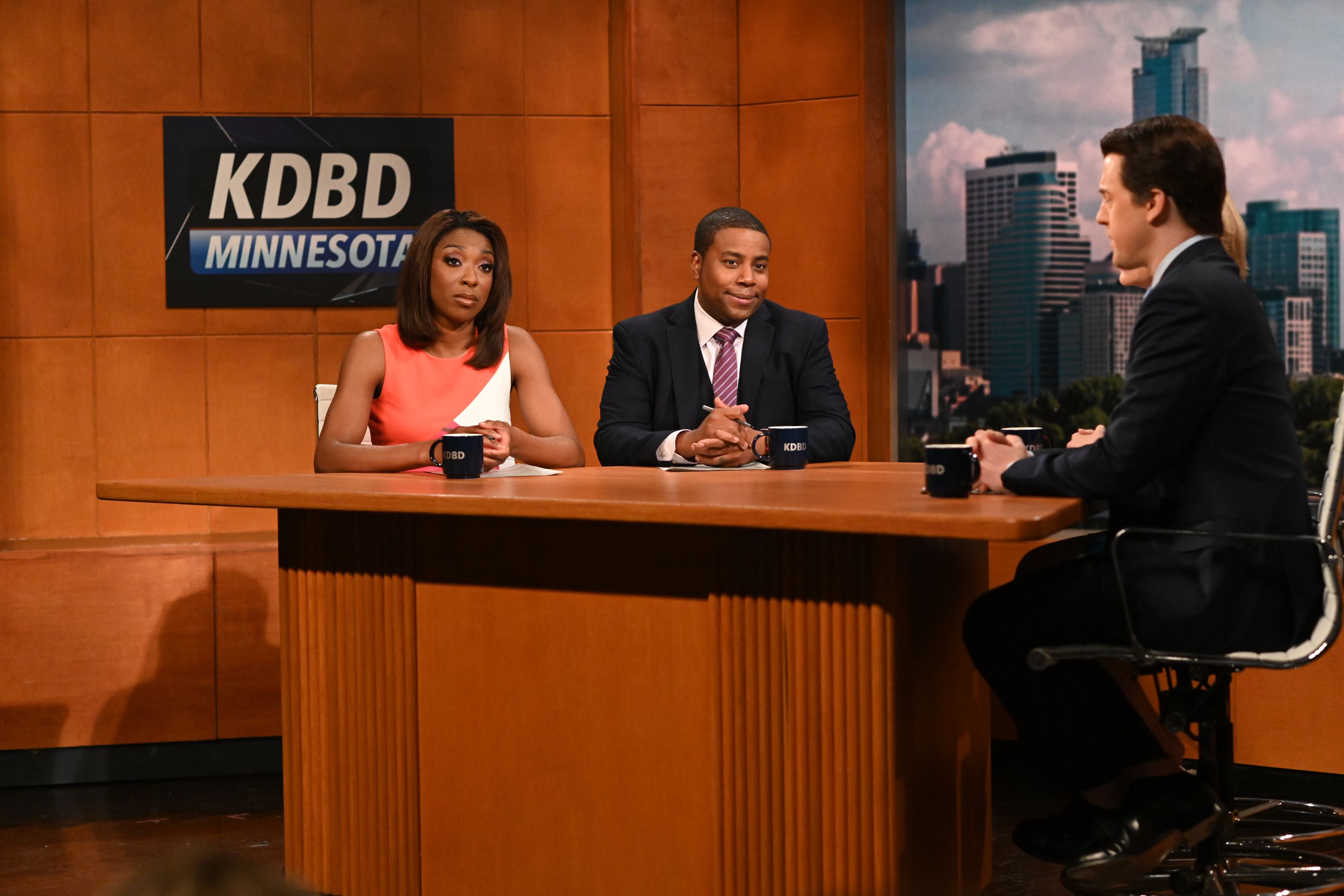 SATURDAY NIGHT LIVE -- "Carey Mulligan" Episode 1802 -- Pictured: (l-r) Ego Nwodim and Kenan Thompson during the "Minnesota News" Cold Open on Saturday, April 10, 2021 -- (Photo By: Will Heath/NBC/NBCU Photo Bank via Getty Images)