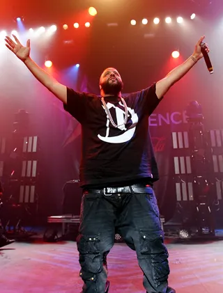 On Top of the World - The larger-than-life rapper/DJ outstretches his arms to the crowd during his set with rappers Future and Lil' Wayne.(Photo: Maury Phillips/BET/Getty Images for BET)