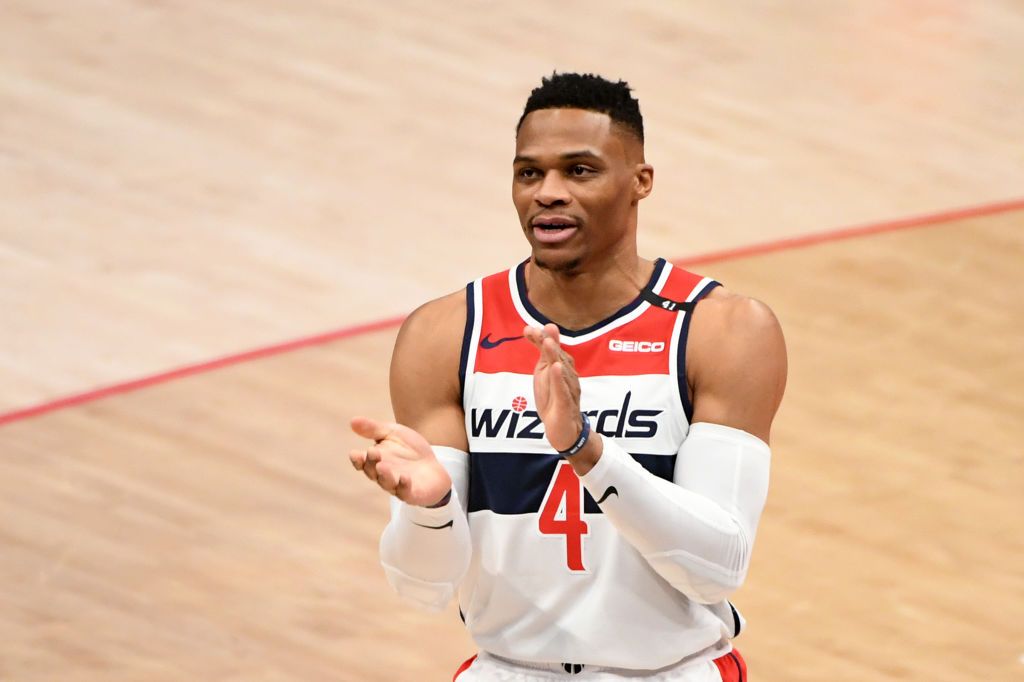 WASHINGTON, DC - FEBRUARY 17: Russell Westbrook #4 of the Washington Wizards reacts prior to the game against the Denver Nuggets at Capital One Arena on February 17, 2021 in Washington, DC. NOTE TO USER: User expressly acknowledges and agrees that, by downloading and or using this photograph, User is consenting to the terms and conditions of the Getty Images License Agreement. (Photo by Will Newton/Getty Images)