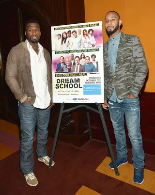 For the Future - Curtis "50 Cent" Jackson and Swizz Beatz pose for a picture before speaking on an education panel in anticipation of the upcoming series Dream School in New York City. (Photo: Mike Coppola/Getty Images for Sundance Channel)