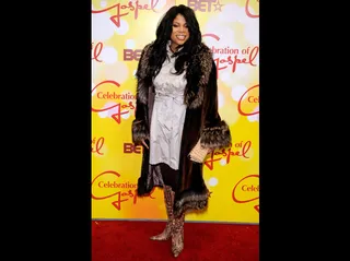 Kelly Chapman - The talented gospel diva rocked the red carpet in a long fur-accented coat over a simple off-white dress.<br><br><b>(Photo Credit: PictureGroup)</b>