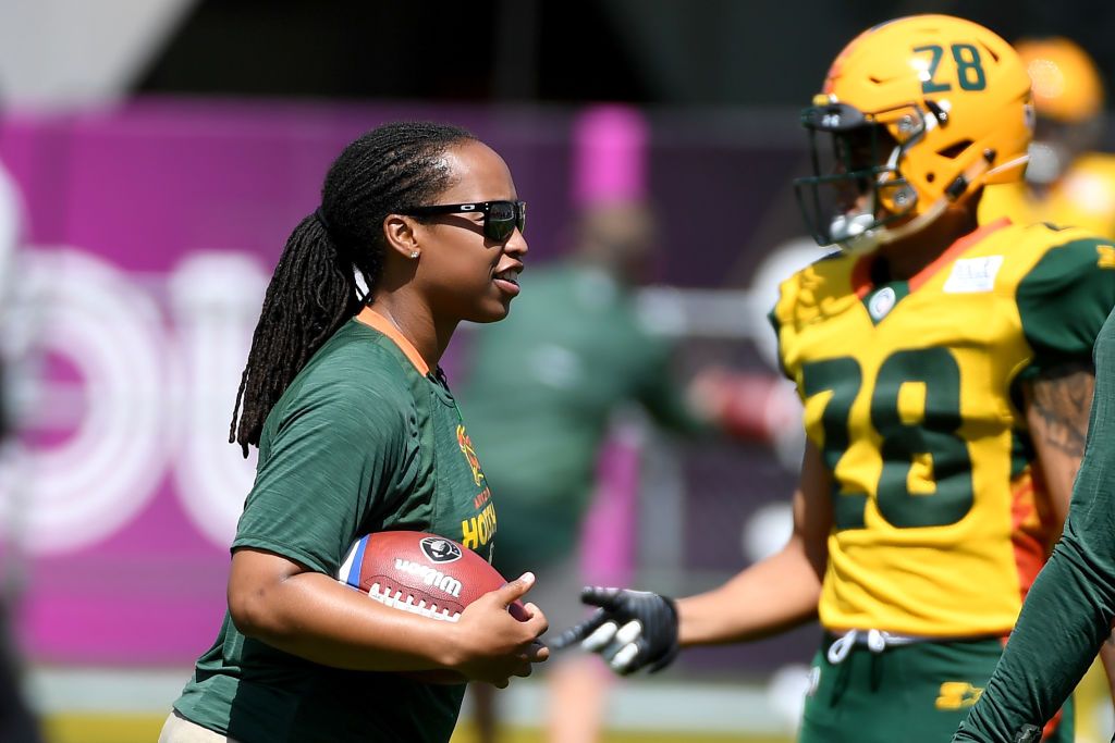 TEMPE, ARIZONA - MARCH 24:  Assistant coach Jennifer King of the Arizona Hotshots during warmups prior to the Alliance of American Football game against the San Diego Fleet at Sun Devil Stadium on March 24, 2019 in Tempe, Arizona. (Photo by Norm Hall/AAF/Getty Images)