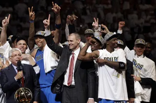 The Coach Celebrates - Dallas Mavericks head coach Rick Carlisle celebrates.&nbsp; (Photo: AP Photo/David J. Phillip)