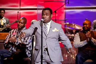 Comedic Introduction - Co-host Rodney Perry introduces Ronnie Jordan to The Mo'Nique Show. Perry worked with Jordan at South Carolina State University.&nbsp;(Photo: Darnell Williams/BET)