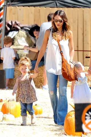 Jessica Alba - The actress and daughter Haven keep coordinated in boho tops and jeans for their afternoon at Mr. Bones. (Photo: HJED, PacificCoastNews)