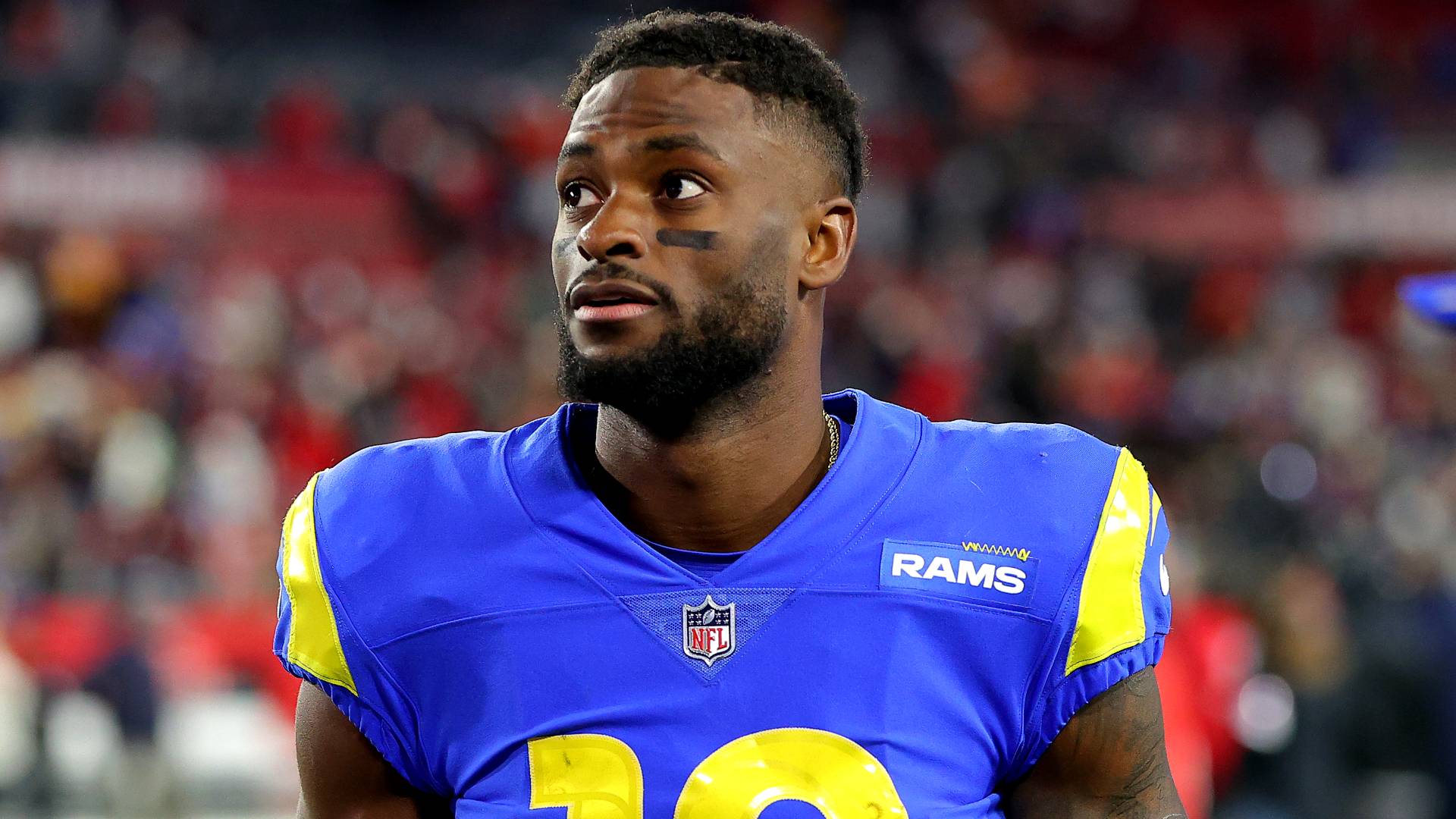 Van Jefferson #12 of the Los Angeles Rams reacts after defeating the Tampa Bay Buccaneers 30-27 in the NFC Divisional Playoff game at Raymond James Stadium on January 23, 2022 in Tampa, Florida. 